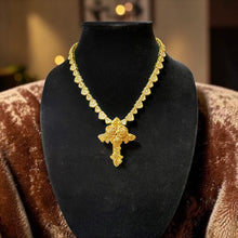Load image into Gallery viewer, Gold Iced Cross Pendant Necklace with Rose Detail Gift for Men or Women