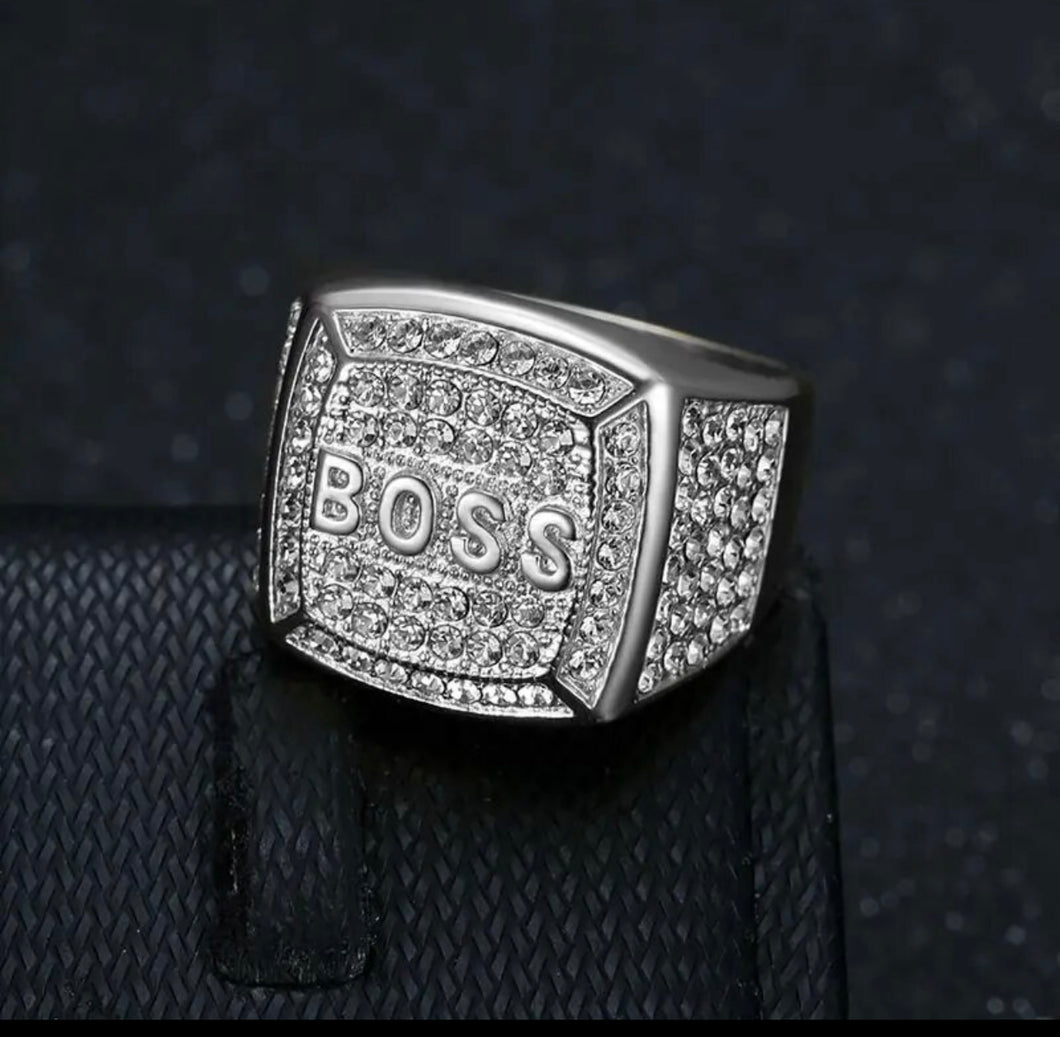 Bling Iced Out Stainless Steel BOSS Finger Rings for Men Rapper Jewelry Gold Silver