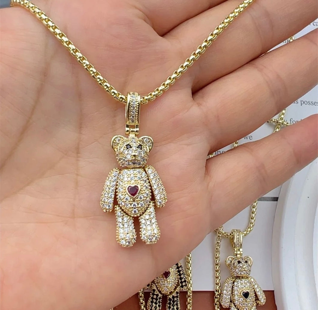 Movable Teddy Bear with a Heart Charms Necklace Gold Plated