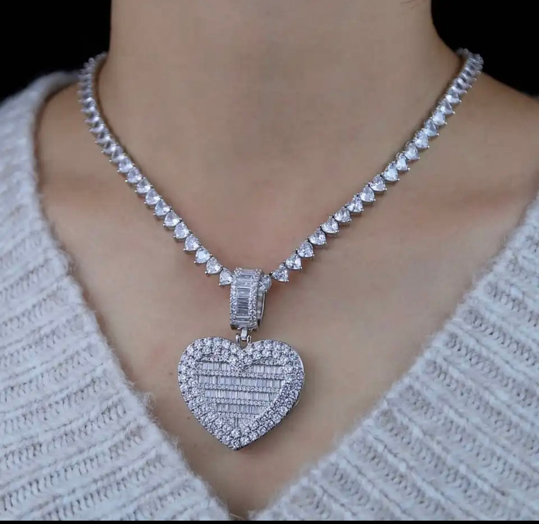 Iced Out Bling Can Be Opened Heart-shaped Photo Pendant Necklace Hearts Tennis Chain Cubic Zirconia