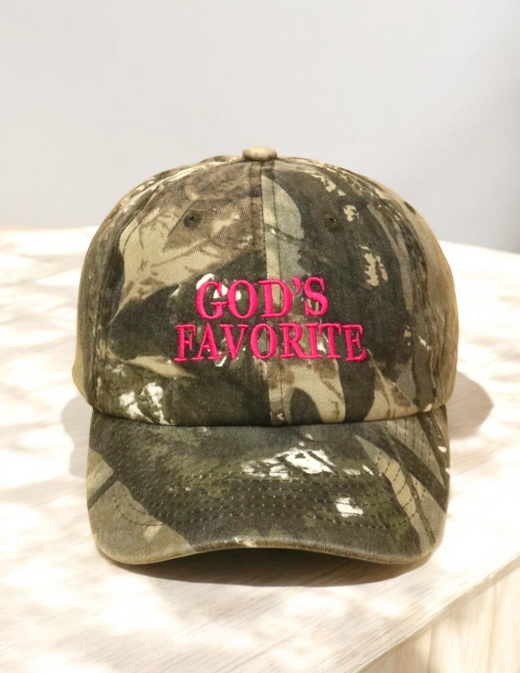 God’s Favorite Camo Hat – Pink Embroidery