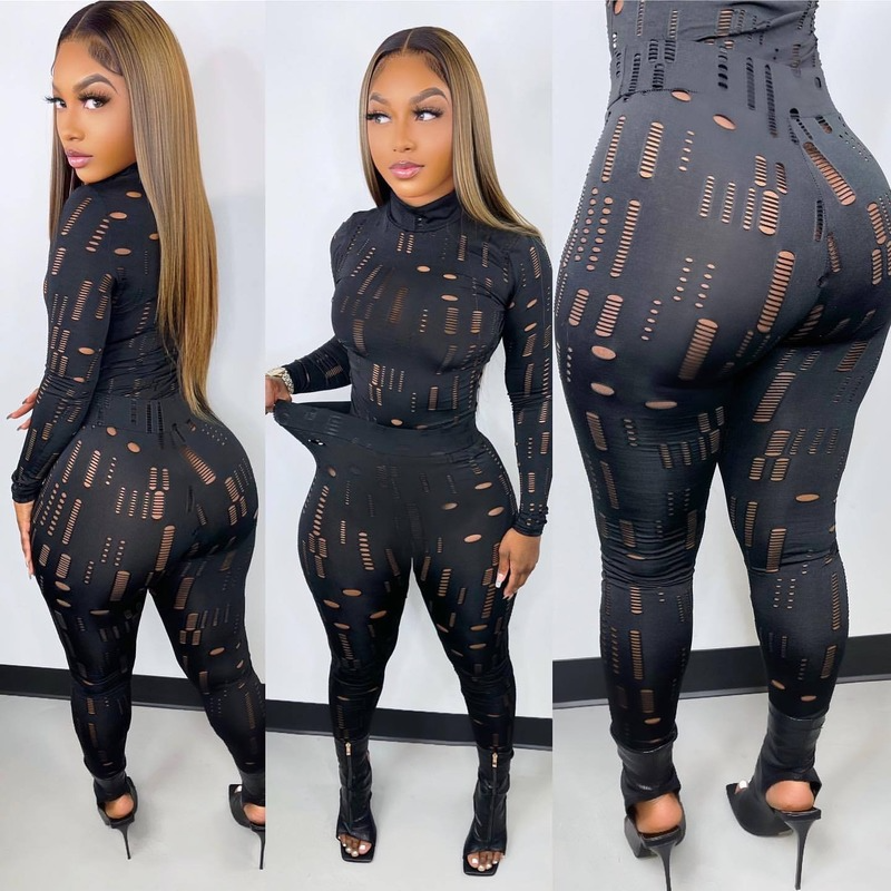 Casual Sexy Holy High Collar Trouser Set